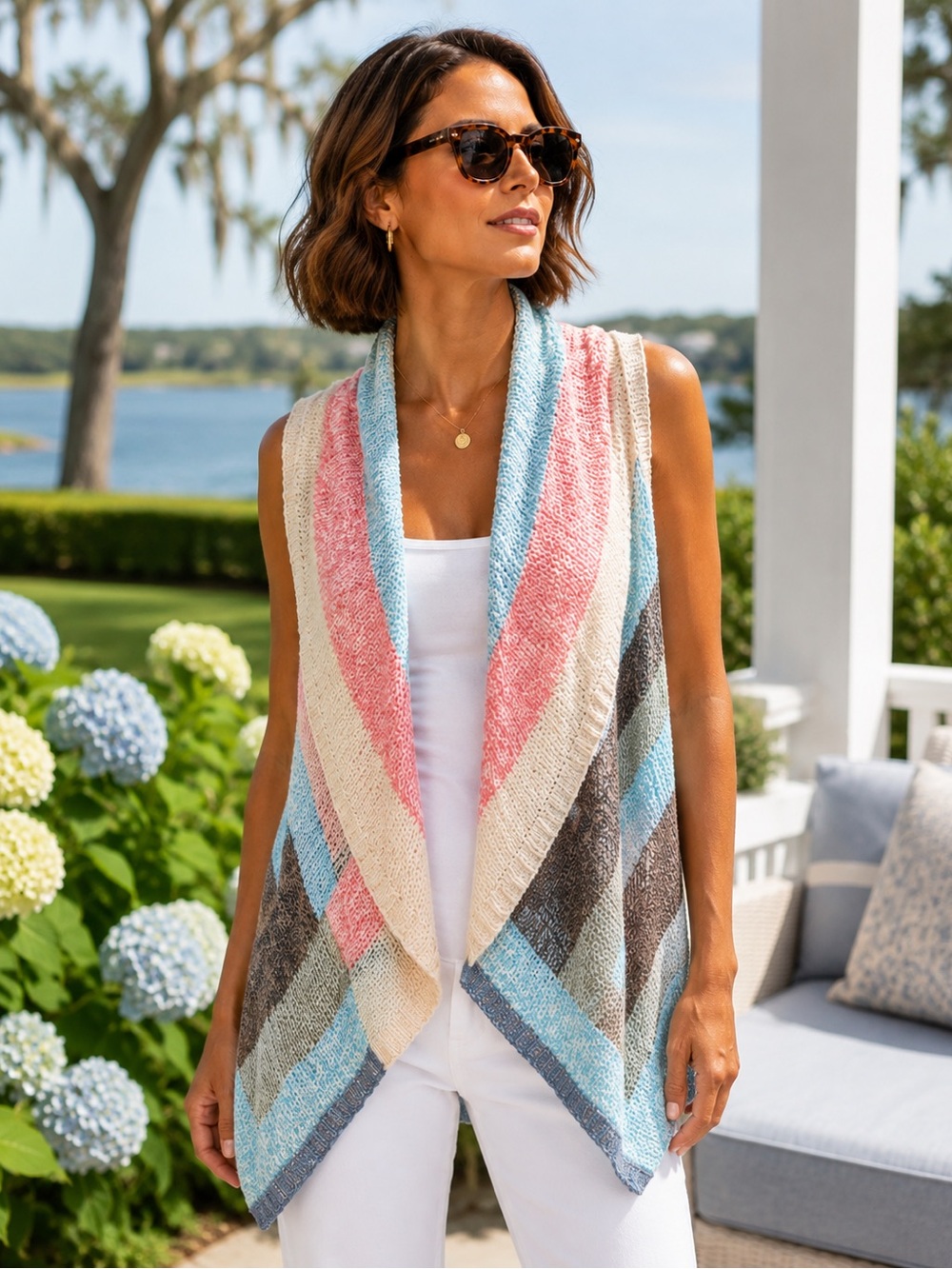 CABI Multicolor Sleeveless Striped Pastel Cocoon Wrap Sweater Vest, S
